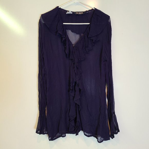 French Connection Tops - French Connection Purple Bell Flare Sleeve Ruffle Front Sheer Blouse Top Shirt M